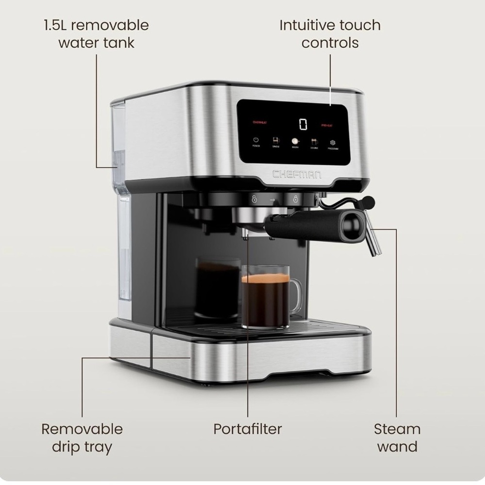 CHEFMAN Stainless Steel Espresso Machine with Steam Wand - Silver/Black